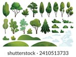 Summer landscape constructor kit. Collection with green hills, meadows, trees, shrubs, and clouds. Forest nature elements on a white background for banners, cards, stickers, packages, and web design.