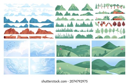 Conjunto de constructores de paisaje de verano. Vistas al exterior, al bosque, a las colinas y al césped. Paisaje natural con césped verde y cielo azul. Concepto de viajes y turismo. Ilustración vectorial plana