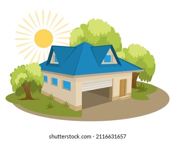 Summer landscape. Cottage icon surrounded by trees. Vector illustration