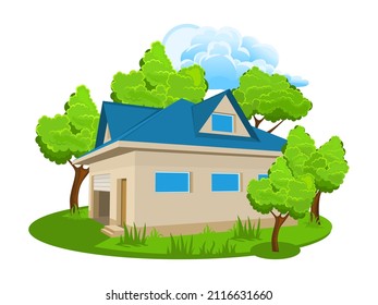 Summer landscape. Cottage icon surrounded by trees. Vector illustration