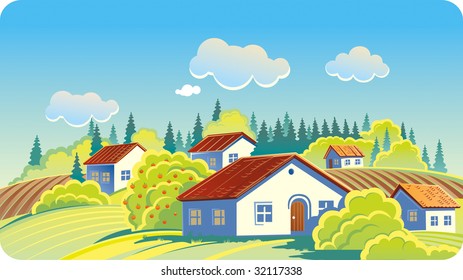 Summer landscape with cottage settlement