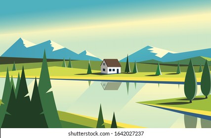 Summer landscape. Country house on the nature with fiels of grass, mountains and bright morning sky. Vector flat illustration