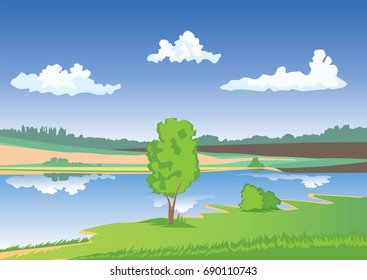 Summer landscape. A Country Meadow with Tree. White clouds reflection in water. Vector illustration EPS-8.