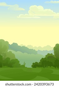Paisaje veraniego. Campo. Campos y huertos. Divertido estilo de caricatura. vector de imagen