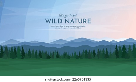 Summer landscape in the countryside. Panoramic view of mountain peaks, forest and green valley against clear sky background. Vector illustration background.