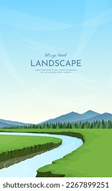 Summer landscape in the countryside. A river flowing between steep banks. Wide green meadows. Forest and mountains in the distance. Clear sky. Vector illustration.