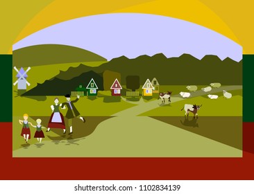  Summer landscape of countryside.Lithuanian village houses in traditional style. Farm houses.Farm family. Vector illustration.EPS 8.