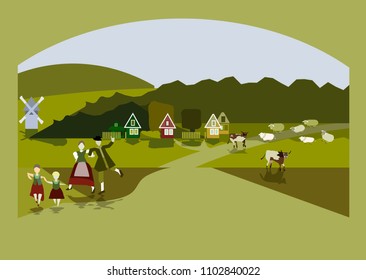 Summer landscape of countryside.Lithuanian village houses in traditional style. Farm houses.Farm family. Vector illustration.EPS 8.