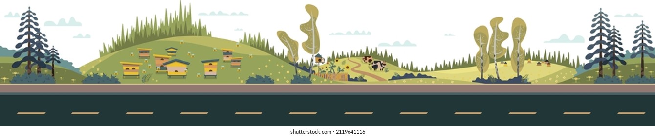 Paisaje veraniego con vacas, campos, bosques y árboles, abejas, flores y colmenas