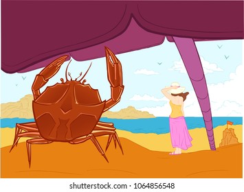 Summer Landscape Crab on the beach, girl and sand castle