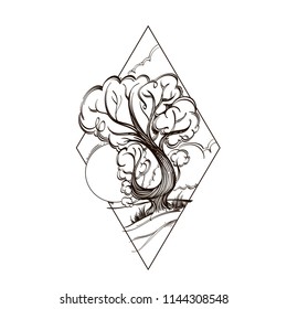 Summer landscape with crooked tree and the sun in the shape of diamond. Outline vector illustration isolated on white background for posters, stickers and much more.