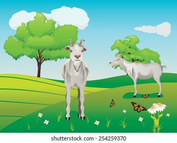 Summer landscape with curious goat, trees, river, flowers and butterflies.