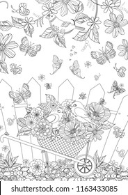 summer landscape with cute birds in flowers for your coloring book 