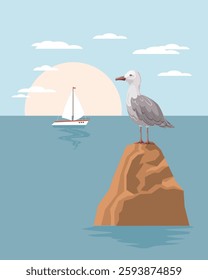 Summer landscape. Cute seagull on a rock against the backdrop of a seascape. Summer illustration, clip art, print