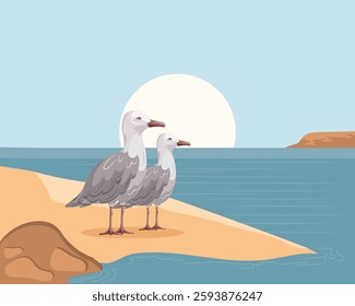 Summer landscape. Cute seagulls on a sandy shore against the backdrop of a seascape. Summer illustration, clip art, print