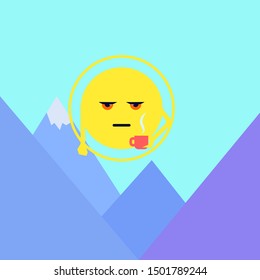 Summer landscape with cute sun. Cartoon character. Good morning. Time for coffee. Flat Illustration for kids game, book, t-shirt, card, print, poster, decoration, textile