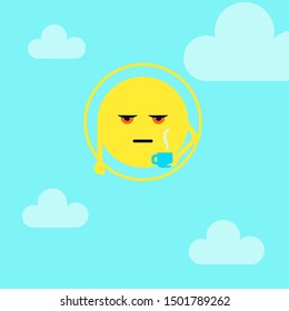 Summer landscape with cute sun. Cartoon character. Good morning. Time for coffee. Flat Illustration for kids game, book, t-shirt, card, print, poster, decoration, textile