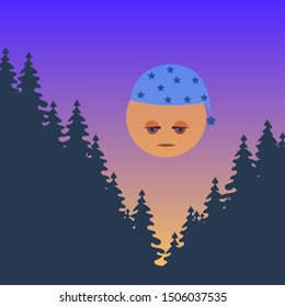 Summer landscape with cute sun. Cartoon character. Good morning. Time for coffee. Flat Illustration for kids game, book, t-shirt, card, print, poster, decoration, textile