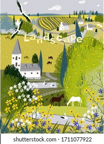 
Summer landscape. Cute vector illustration for cards, print, banner.