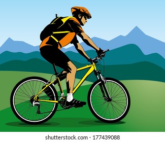 summer landscape with cyclist on mountain bike