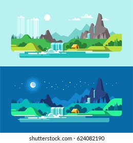 Summer landscape, day and night. Hiking and camping. Vector illustration in flat design style.