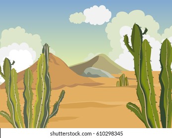 Summer landscape. Desert with cacti. Mountains of sand. Vector background.