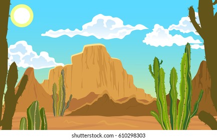 Summer landscape. Desert with cacti, scorching sun. Vector background.