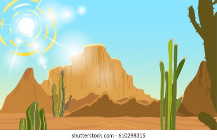 Summer landscape. Desert with cacti, scorching sun. Vector background.