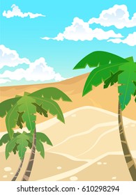Summer landscape. Desert with palm trees. Vector background.