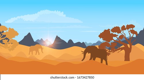 Summer landscape with desert, trees, mountains and elephants. Safari sunset