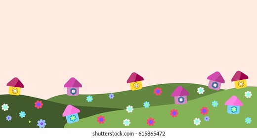Summer landscape. Drawing in a vector.   Picture for clothing design, decoupage, poster, poster, cover. Suitable for children's design.
