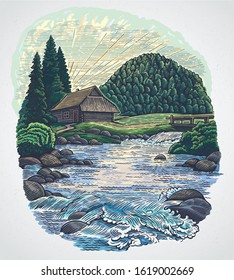 Summer landscape drawn in the engraving style, with a forest hut and a mountain river surrounded by hills covered with forest.