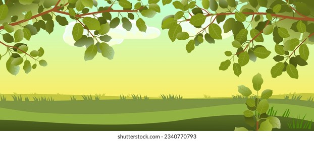 Summer landscape. Early morning in meadow. Beautiful tree branches. Garden and pasture. Garden plants. Rural look. Vector