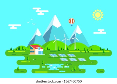 Summer landscape with eco friendly house. Solar panels and wind turbines. Flat style illustration. Renewable energy concept.