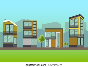 Summer landscape with eco houses. Vector illustration. The concept of a summer holiday. For websites, wallpapers, posters or banners.