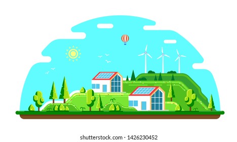 Summer landscape with ecofriendly houses. Solar panels and wind turbines. Flat style illustration. Renewable energy concept.