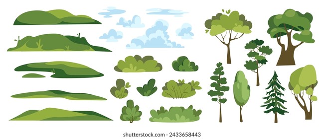 Constructor de elementos de paisaje de verano mega conjunto en diseño gráfico plano. Kit creador con colinas verdes, nubes esponjosas, arbustos y diferentes árboles, plantas forestales, ecosistema de bosques. Ilustración vectorial.