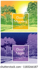 Summer landscape with empty road, big trees and birds - day and night view.
Vector graphic illustration, outdoors scene in vintage style.