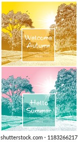 Summer landscape with empty road, big trees and birds - summer and autumn view. Vector graphic illustration, outdoors scene in vintage style.