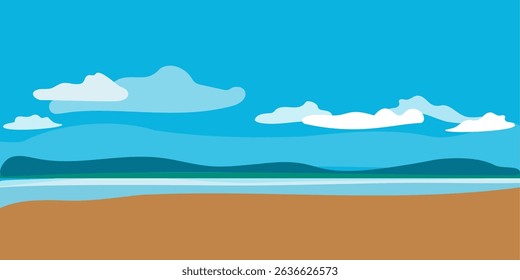 Summer landscape empty sandy shore goes into the sea. White clouds on blue sky. Vector color landscape in flat style with space for copying. Design for travel agency, travel, vacations,  relax, beach