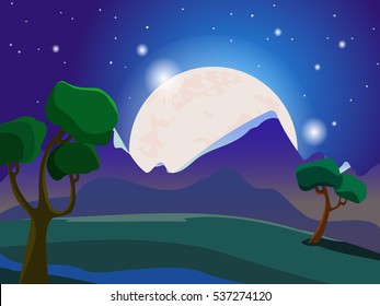 Summer landscape. Evening landscape. Starry sky. The moon in the sky. Trees in the meadow. Vector background