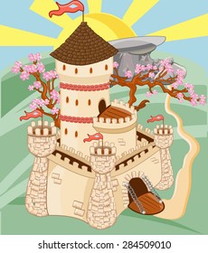 Summer landscape with fairy tale castle, rock and flowers