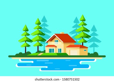 Summer landscape with family cottage house, pine trees and lake. Family suburban home. Flat style iilustration, banner design.