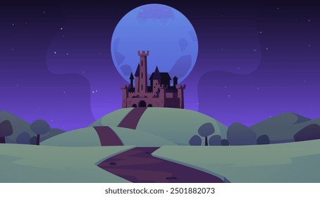 Summer landscape of fantasy kingdom at night with full moonlight vector flat illustration. Road to fairy tale castle on hill. Cartoon medieval chateau. Vintage stone palace building with castle towers