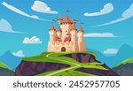 Summer landscape of fantasy kingdom vector flat illustration. Road to fairy tale castle on hill. Cartoon medieval chateau among the mountains. Vintage stone palace building with castle tower