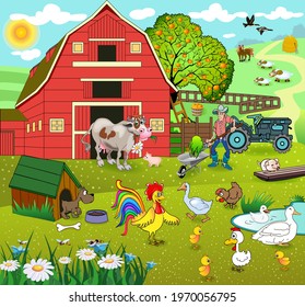 Summer landscape with a farm. A farmer with a pitchfork loads hay into a wheelbarrow. Domestic animals such as cow and pig, geese, ducks and rooster walk around the yard.  cartoon style 