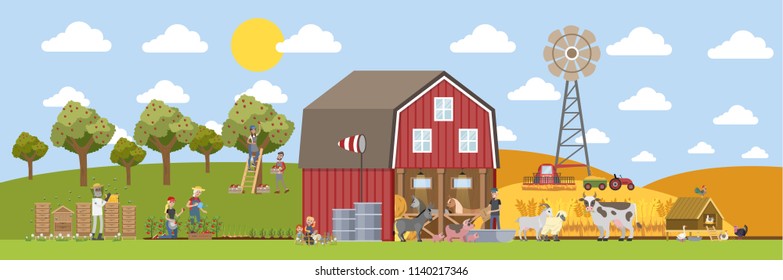 Summer Landscape With Farm. Farmers Working On The Field, Watering Plants And Feeding Animals. Domestic Animals Such As Cow And Pig Walking Around The House. Living In The Village