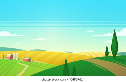 Summer landscape with farmhouse. Vector illustration.