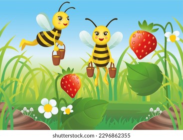 Summer Landscape of field with cartoon bee, flowers and strawberries blue sky background. Vector illustration in cartoon style