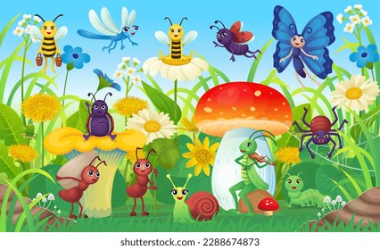  Summer Landscape of field with dandelions, buttercups, wild, insects and wildflowers blue sky background. Vector illustration in cartoon style